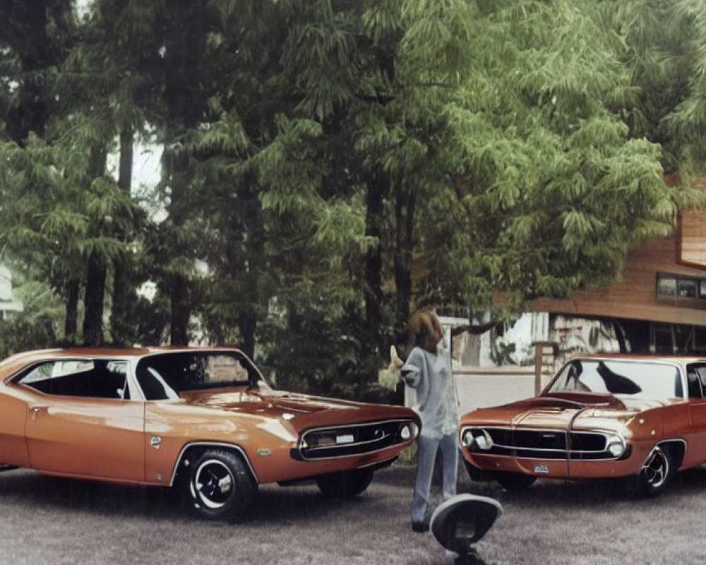 Vintage cars and retro fashion in front of suburban home.