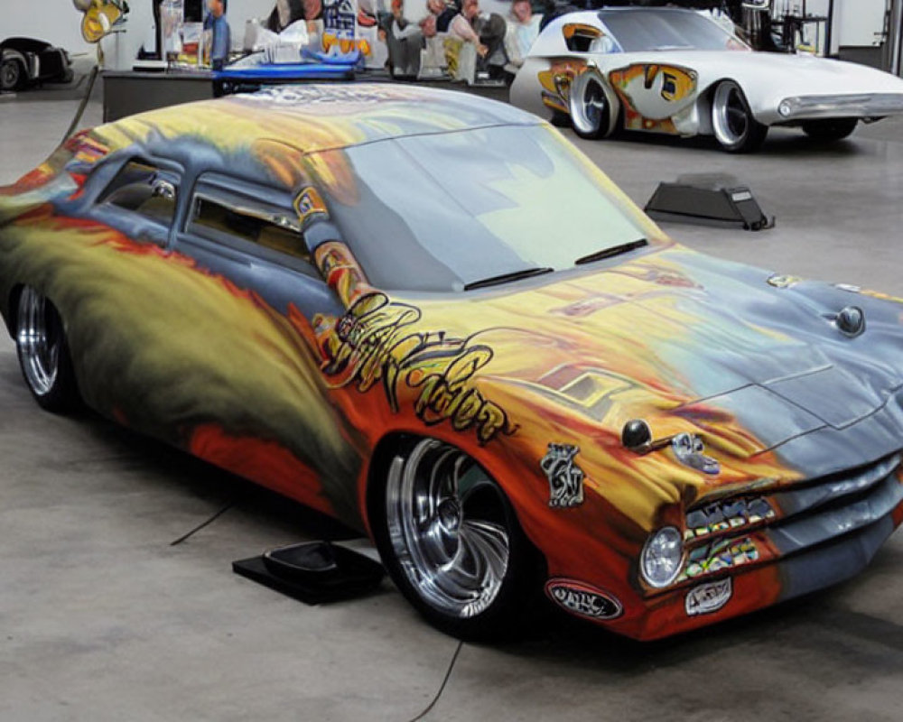 Custom Car with Elaborate Flame Paint Job and Large Front Grill