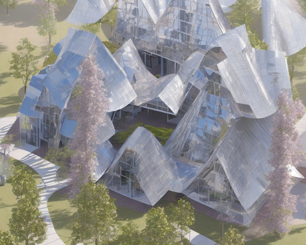 Futuristic digitally-rendered building with crystalline glass-like surfaces among landscaped grounds