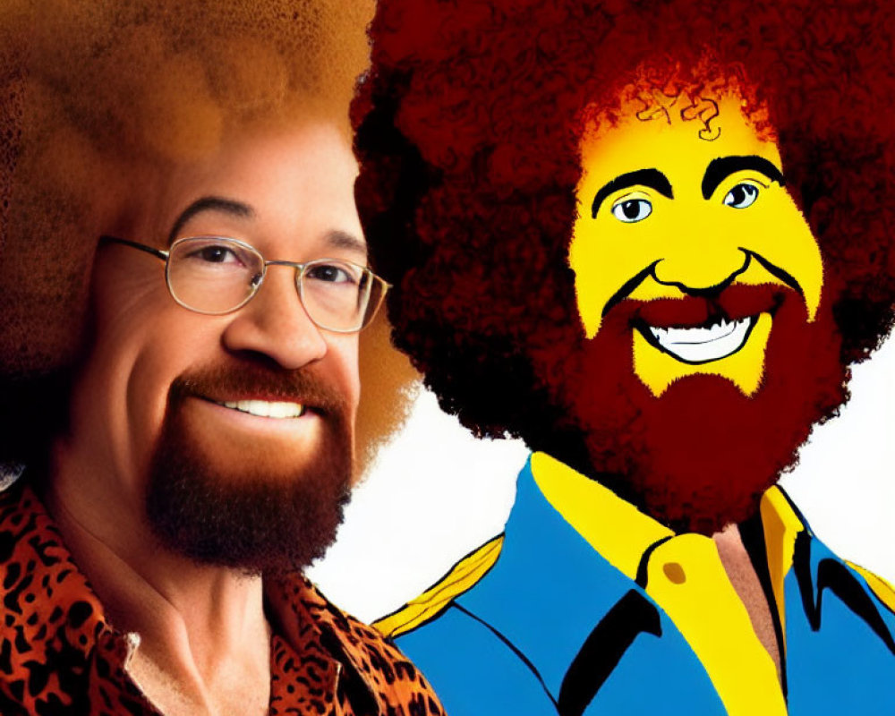 Man with glasses and beard in split-image with real and animated versions showcasing large, curly hair