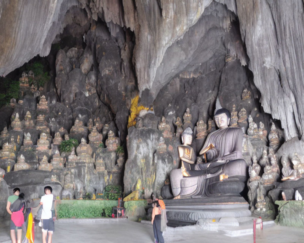 Large Seated Buddha Statue Surrounded by Smaller Carved Figures in Cave