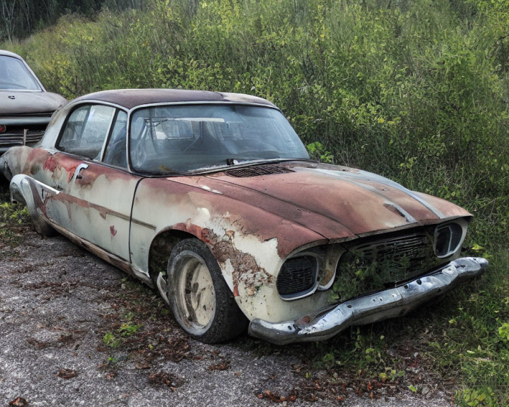 Rusty vintage car overtaken by weeds and decay