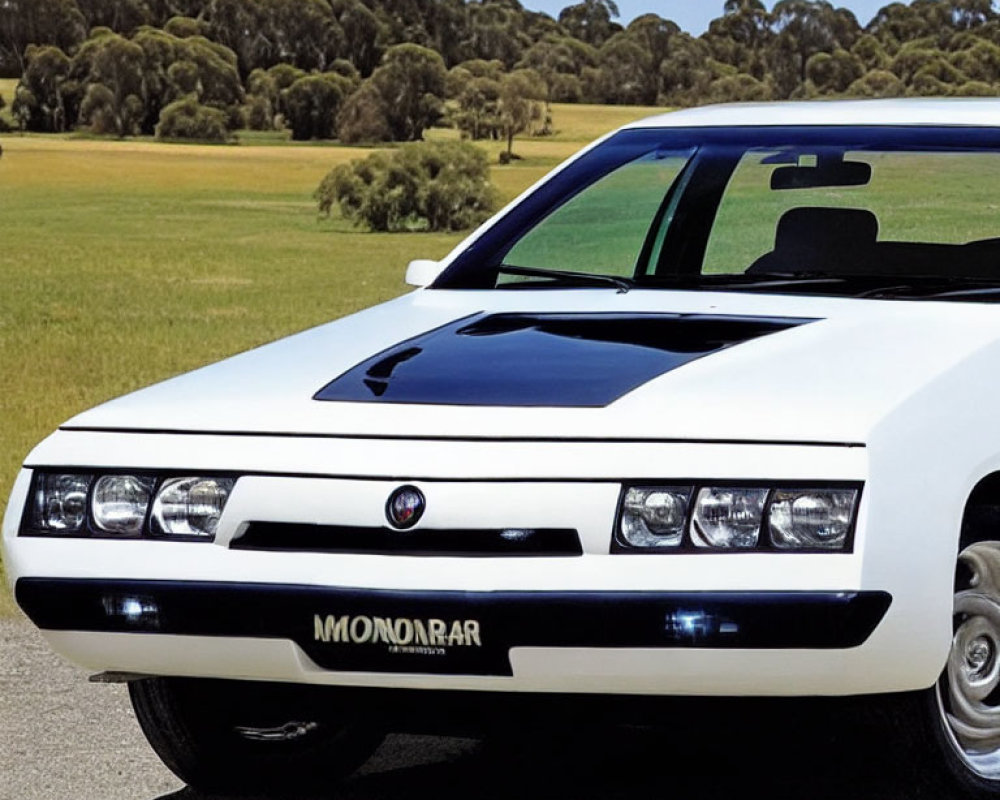 Vintage white car with black hood parked on grassy field, showcasing pop-up headlights and unique front grille