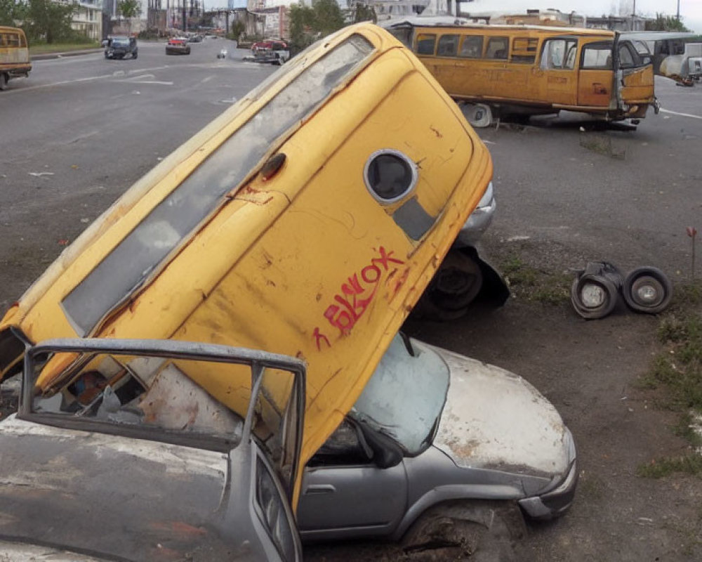 Yellow van tipping onto silver car in parking lot with nearby vehicles