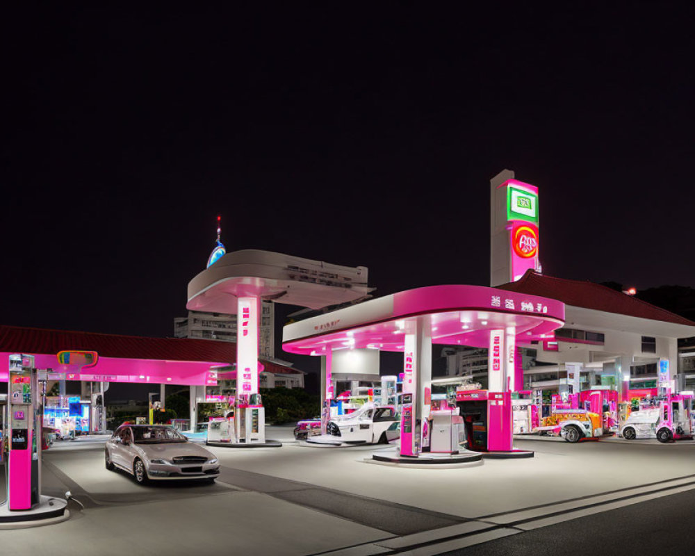 Vibrant gas station at night with pink accents and parked cars