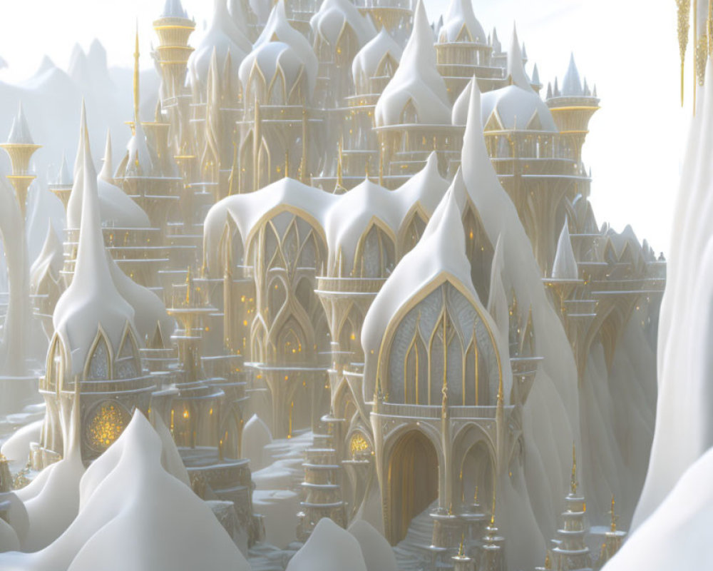 Snowy cityscape with golden and white spired buildings in soft light