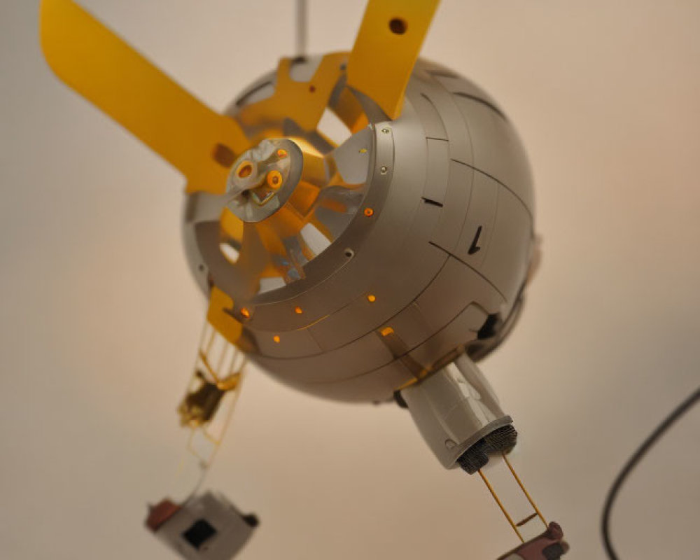 Model spacecraft with gold solar panels, antennae, and instruments on beige background