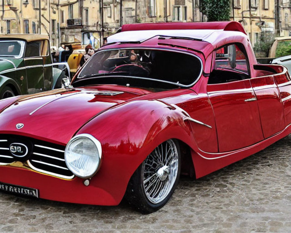 Classic Red Custom Car with Large Grill at Outdoor Car Show