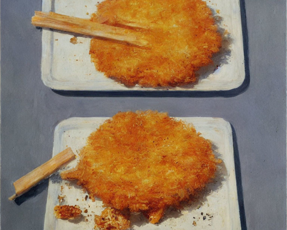 Crispy fried chicken on square plates with chopsticks, one bitten, on grey surface