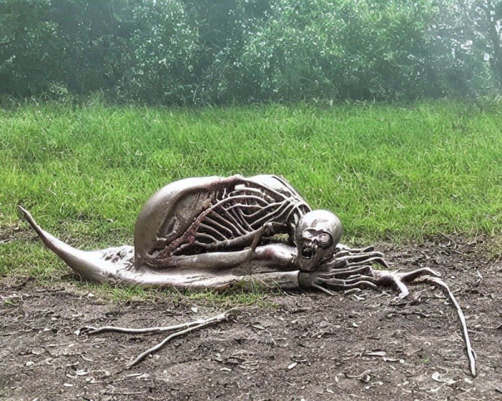 Skeletal creature sculpture with human skull and tentacles on grass