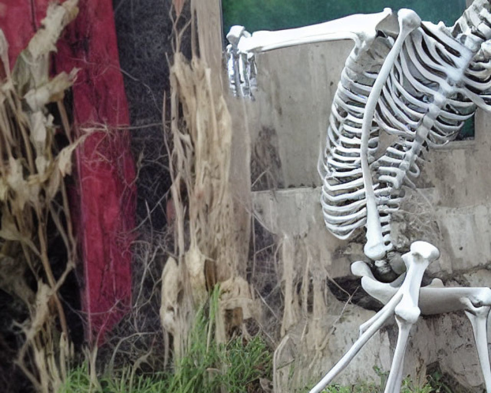 Skeleton Model Escaping Broken Window in Overgrown Setting