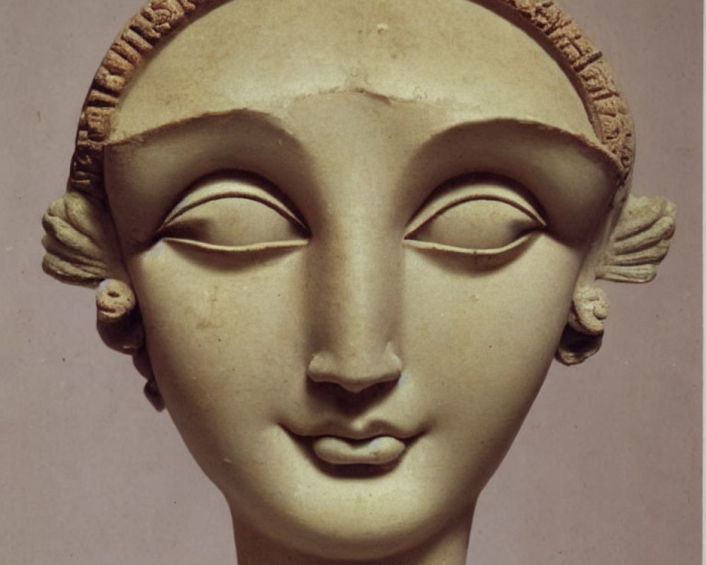 Ancient sculpted female head with stylized eyes and intricate headdress