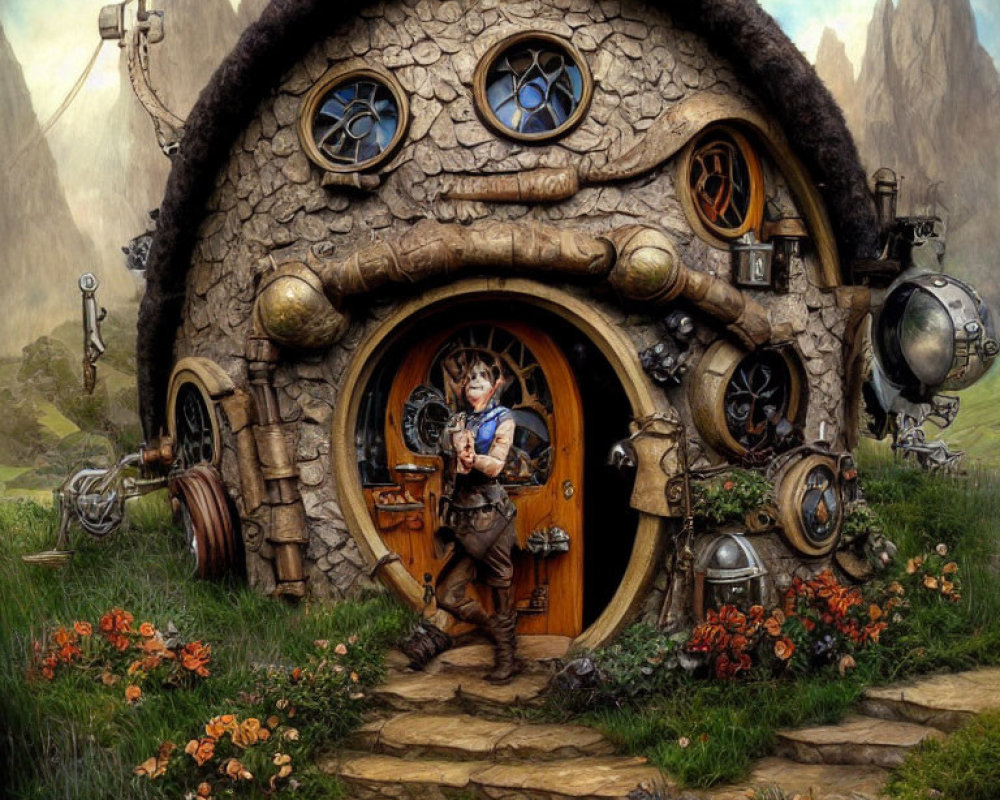 Whimsical stone cottage with round door and hobbit-like figure in garden