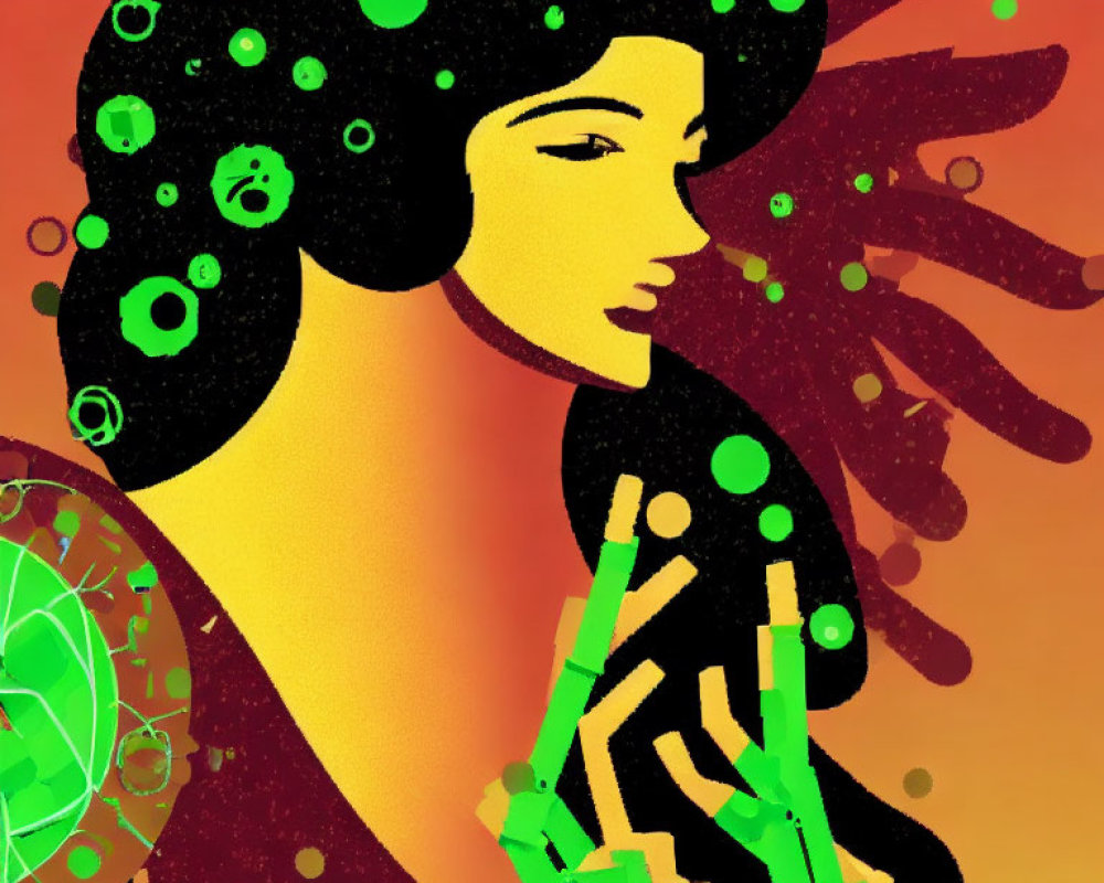 Stylized female profile with green decorations on orange background