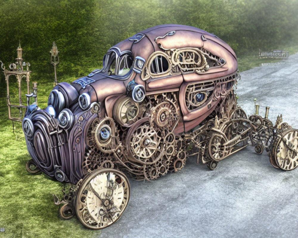 Steampunk-style vintage car with intricate gears on cobblestone path