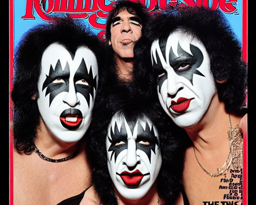 Vintage Magazine Cover Featuring Three Individuals with Black and White Face Paint and Colorful Text and Logos