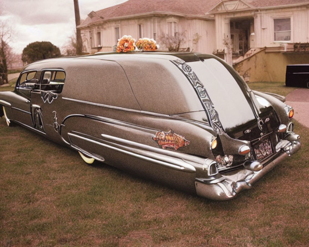 Vintage hearse with custom artwork and flowers parked near a house