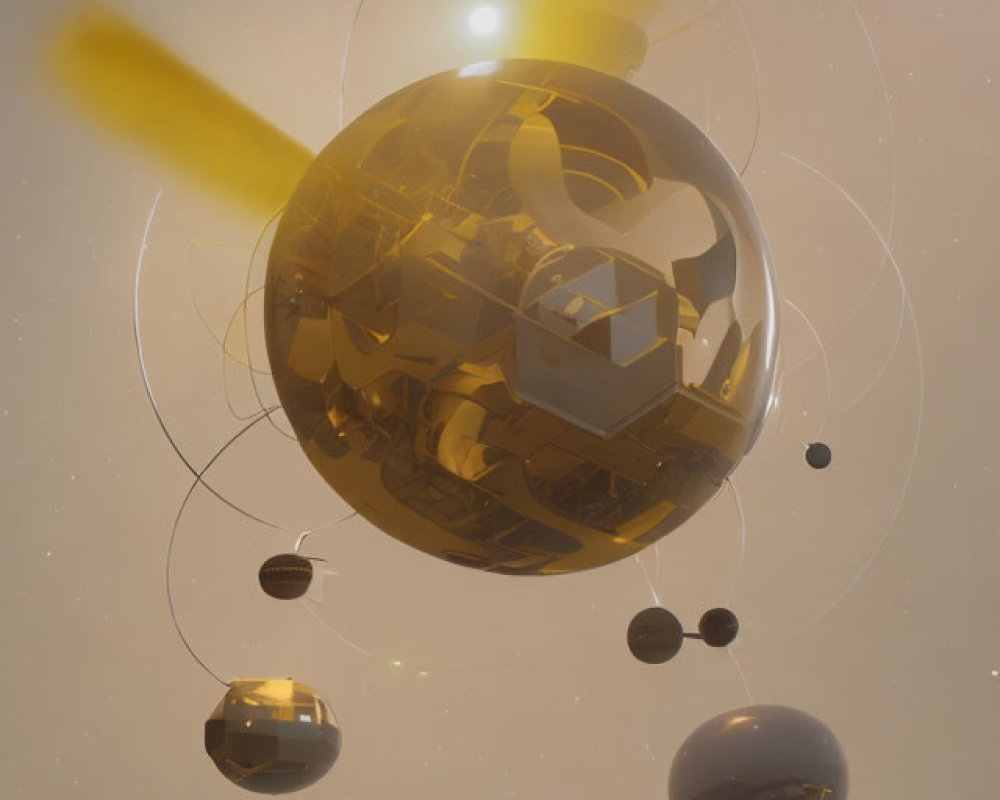 Golden spheres in hazy atmosphere with light beams and rings