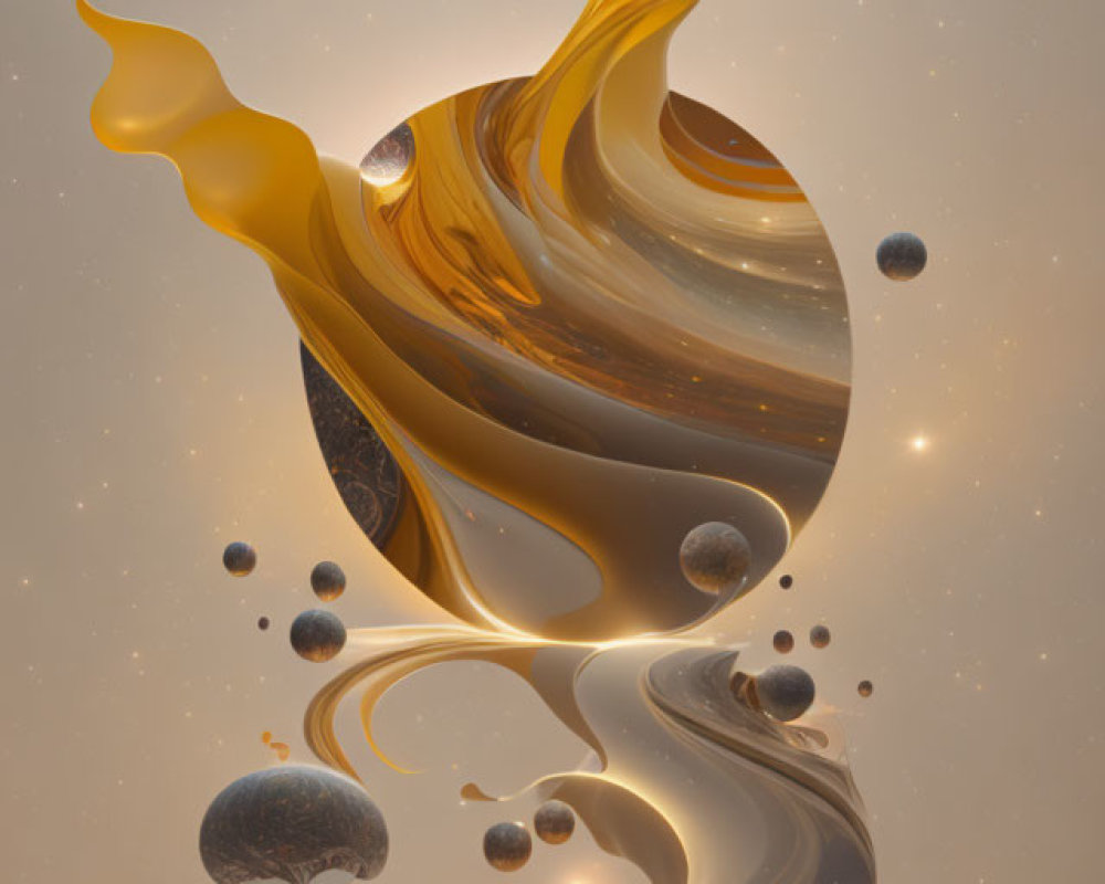 Golden swirls and spheres on starry beige backdrop with reflective surface.