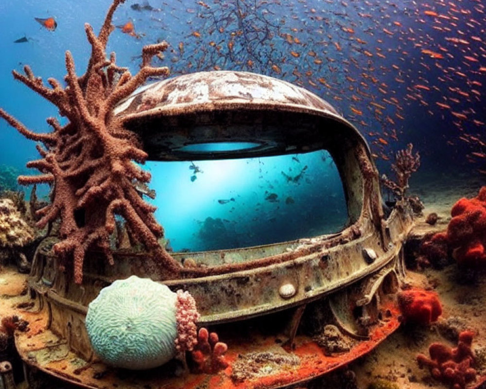 Coral-encrusted car wreck in vibrant underwater scene