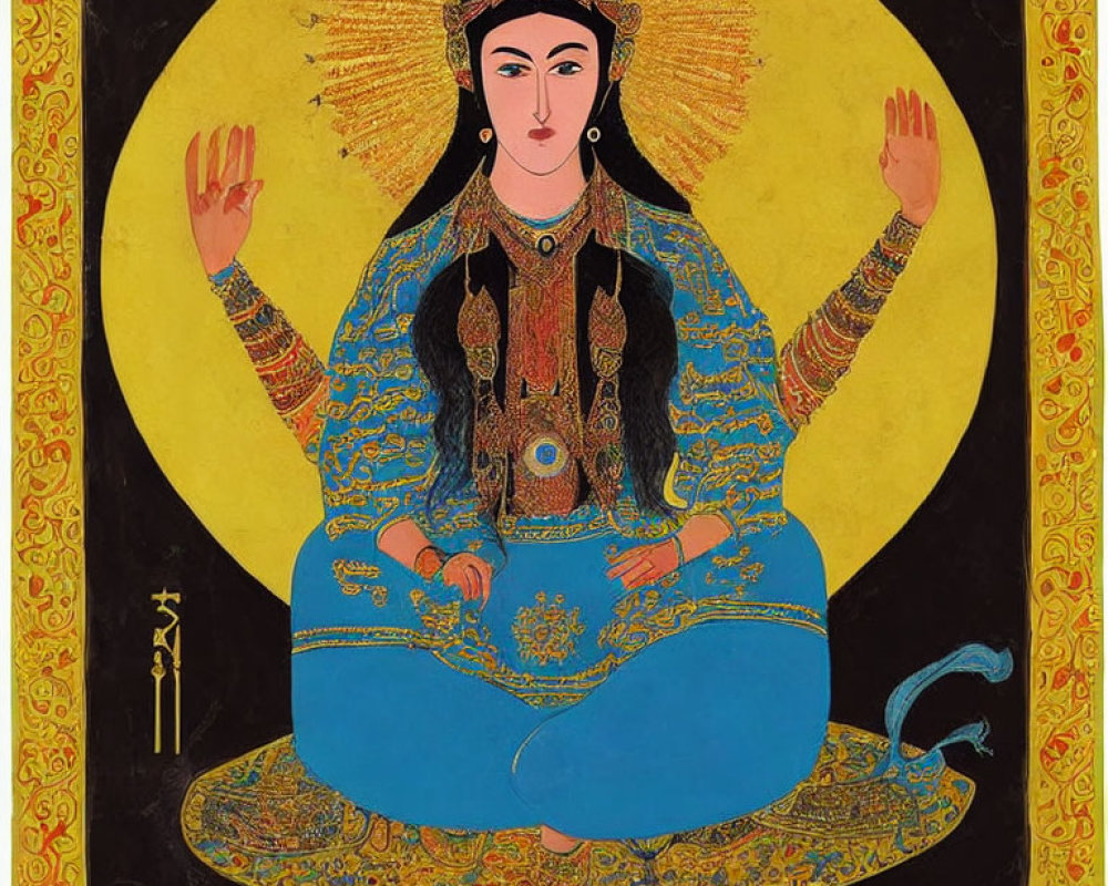 Intricate painting of seated multi-armed female figure