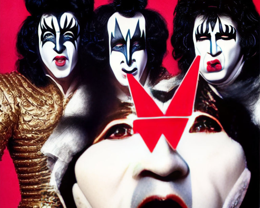 Four individuals with black and white face paint on red background with "V" symbol