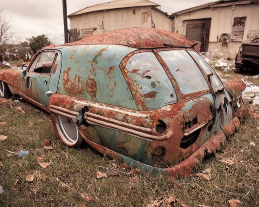 Rust-Covered Vintage Car Abandoned in Field with Teal Paint