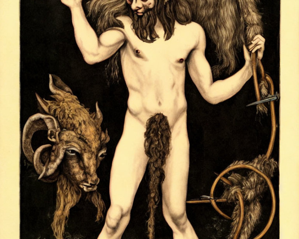 Mythological creature with goat head and man body in dark tones