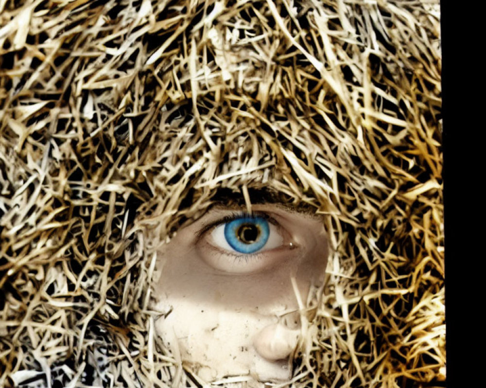 Blue eye peeking through circular opening in haystack