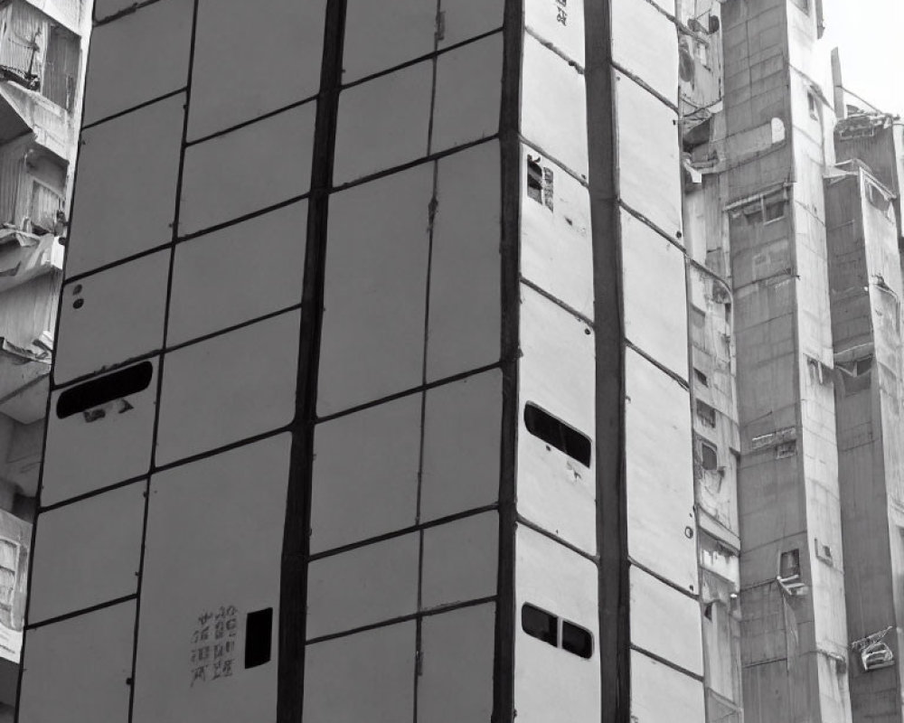 Grayscale image: Modern curved building among older structures