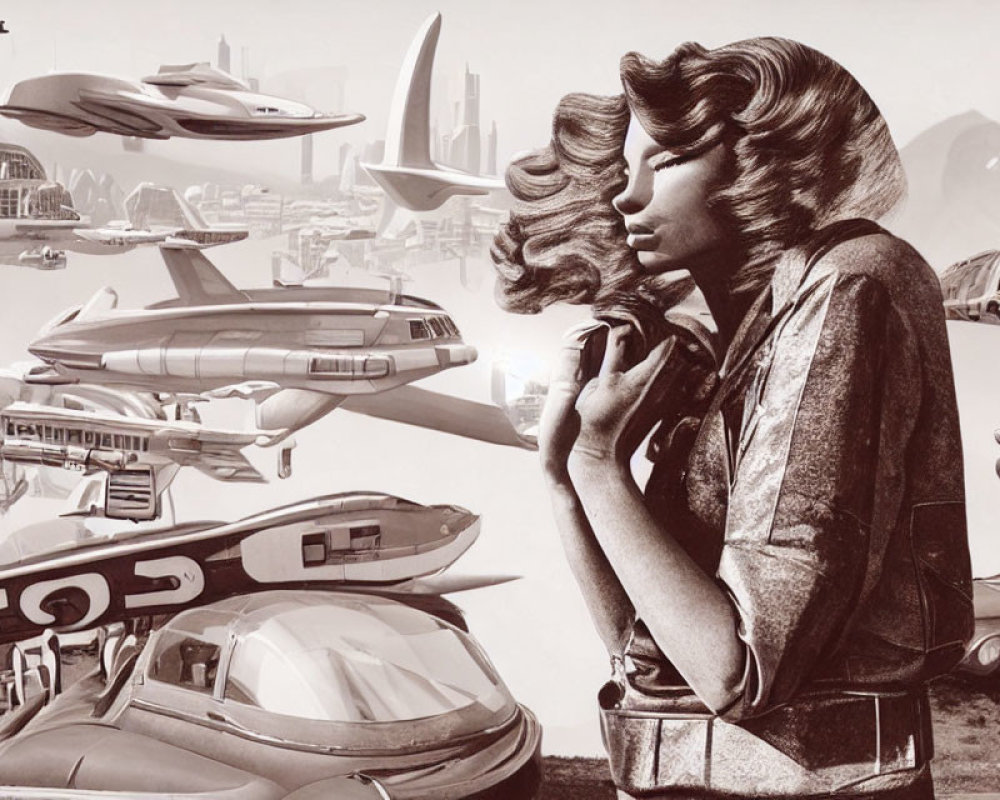 Retro-futuristic profile illustration of woman with stylized hair and futuristic backdrop