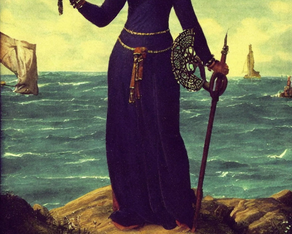 Regal woman in blue gown with scepter and ship's wheel on shore.