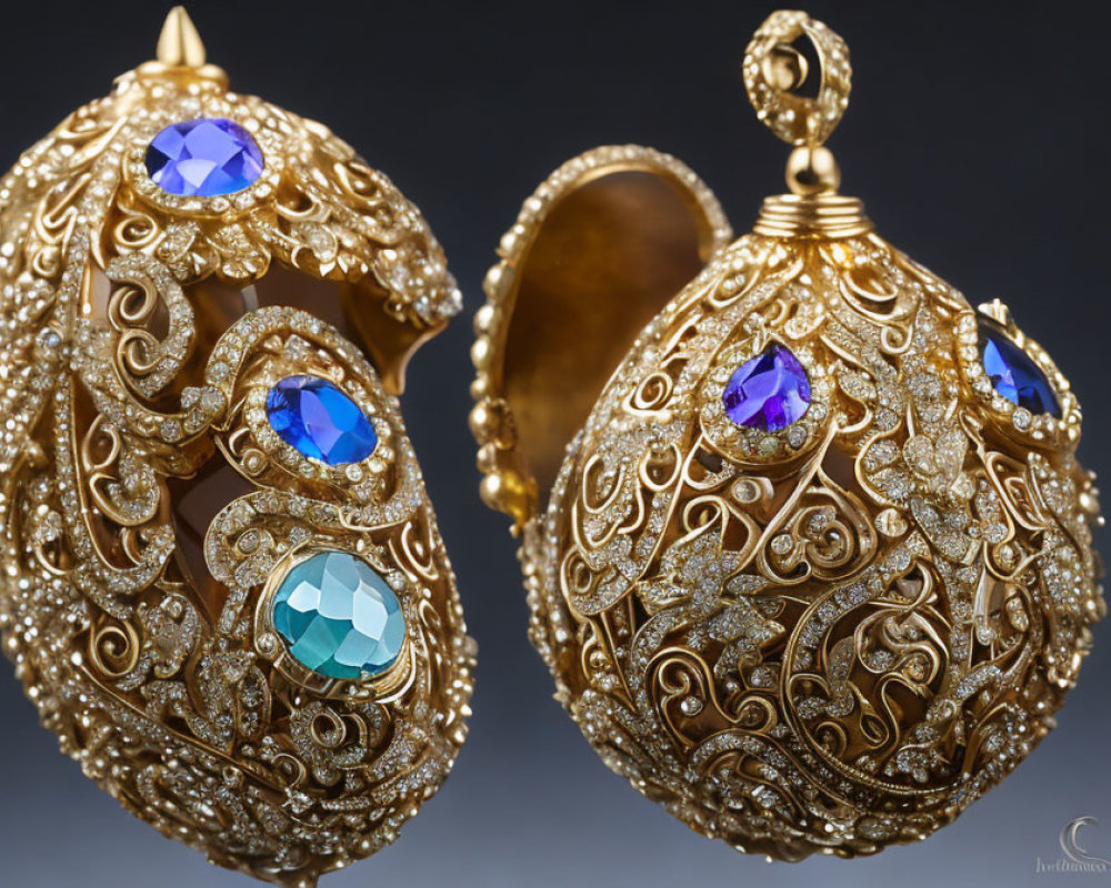 Golden earrings with blue gemstones on dark background