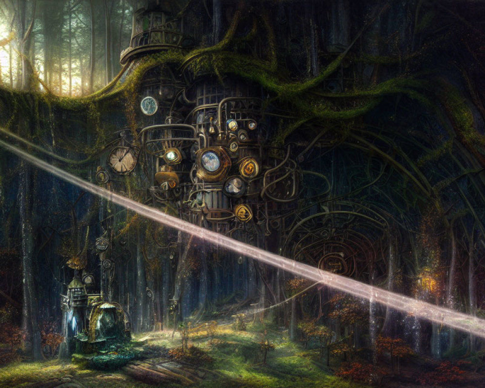 Clockwork treehouse in enchanted forest with sunbeams.