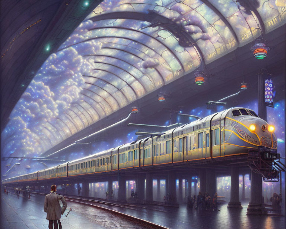 Futuristic train station with arched ceiling, starry sky, yellow train, and lone figure