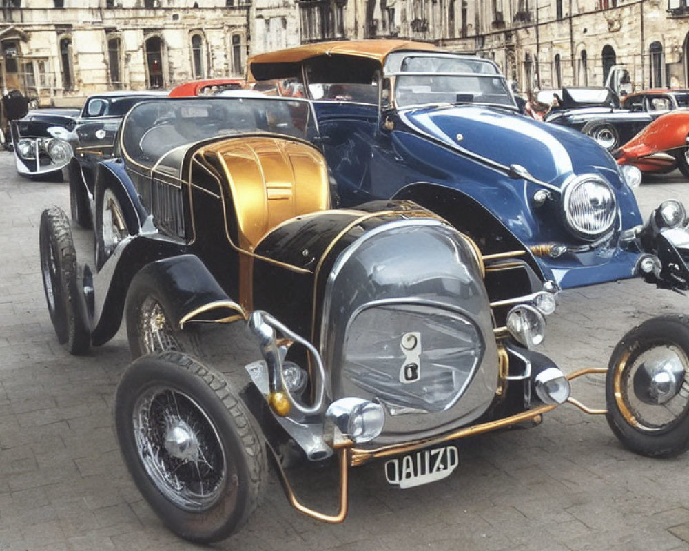 Classic Blue Vintage Cars Displayed on Cobblestone Square