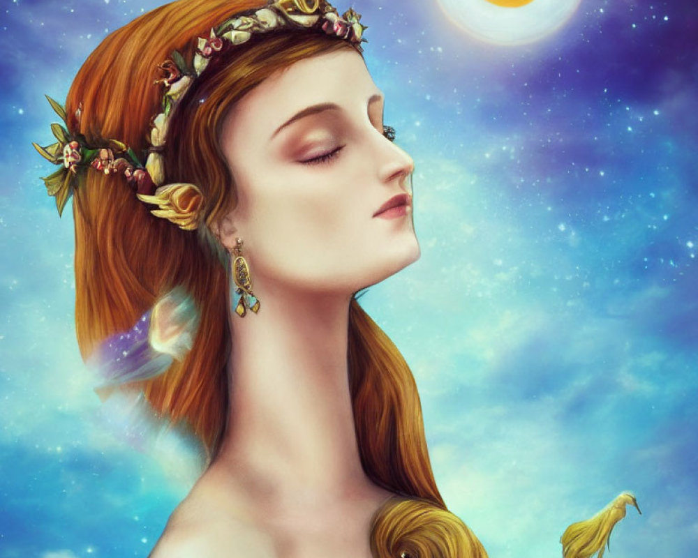 Portrait of woman with floral crown under sunny sky, stars, and bird.