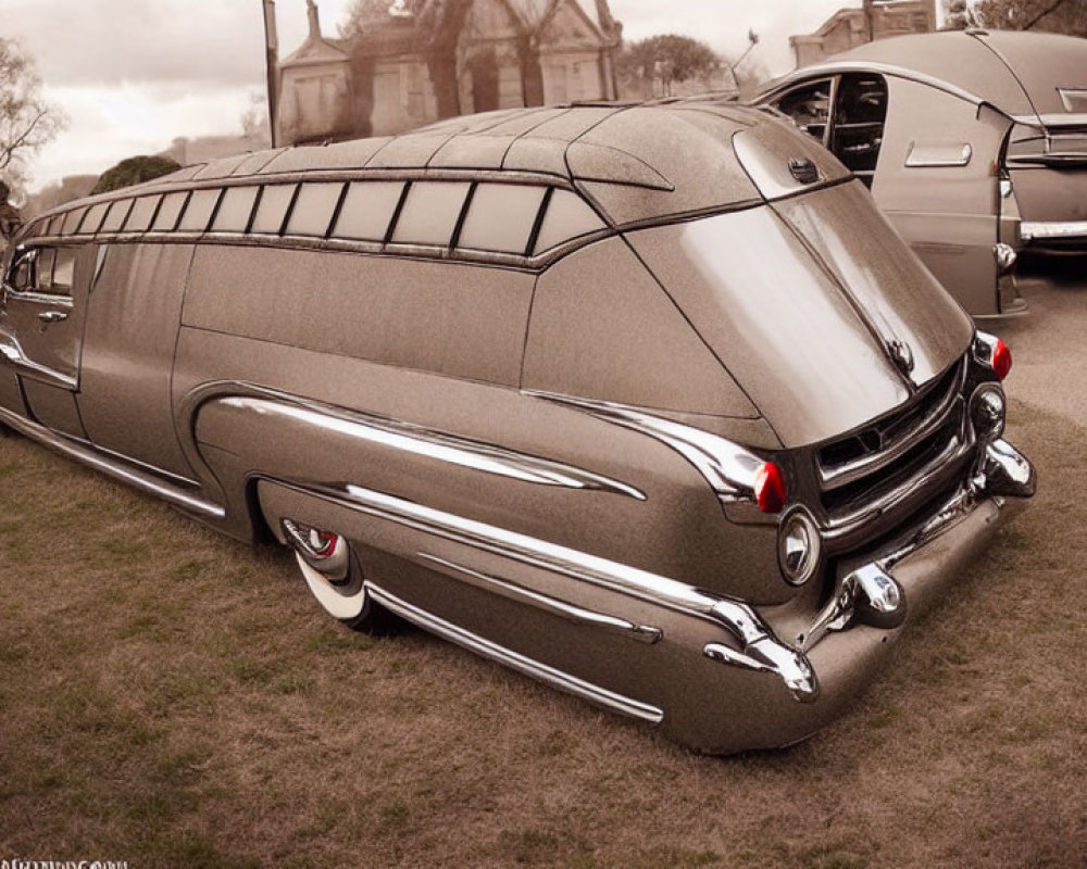 Vintage hearse parked on grass with classic cars in sepia tone