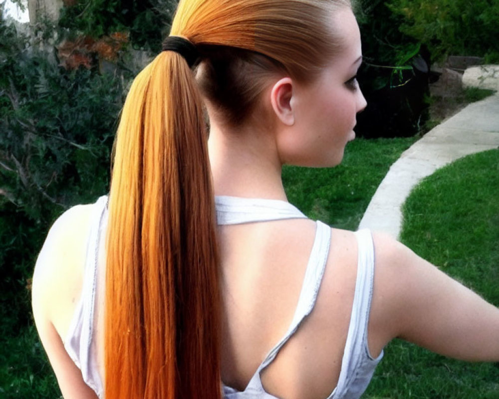 Auburn-Haired Person in High Ponytail Outdoors with Greenery