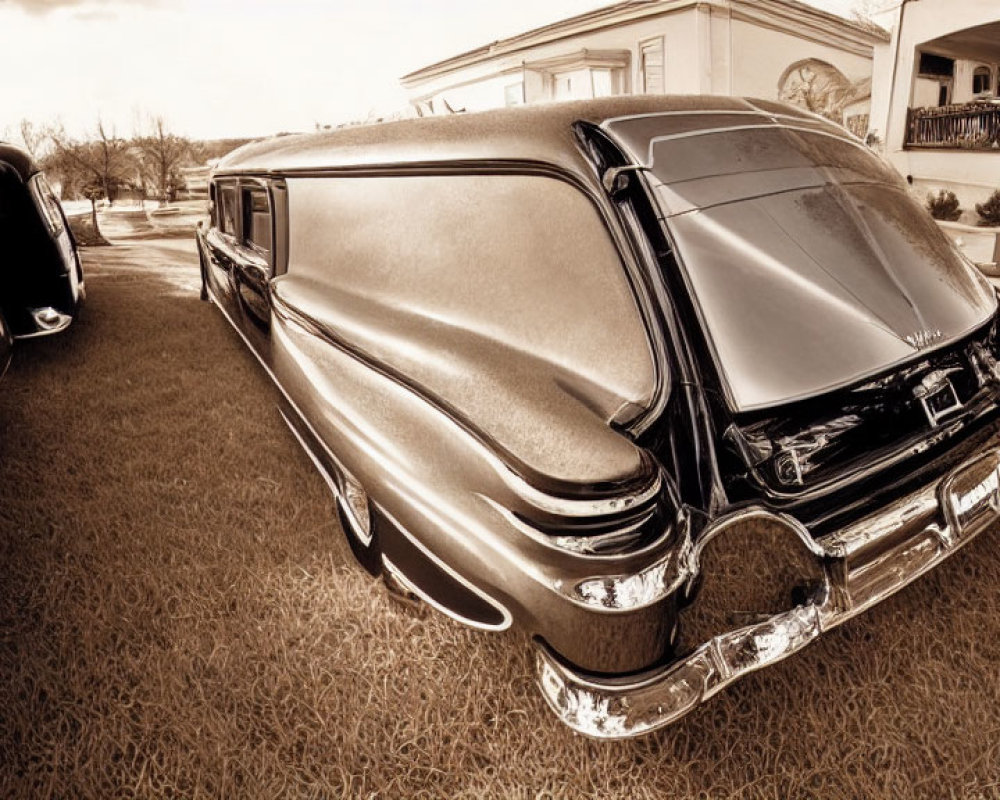 Vintage classic car with tailfin design parked outside residence in sepia tone.