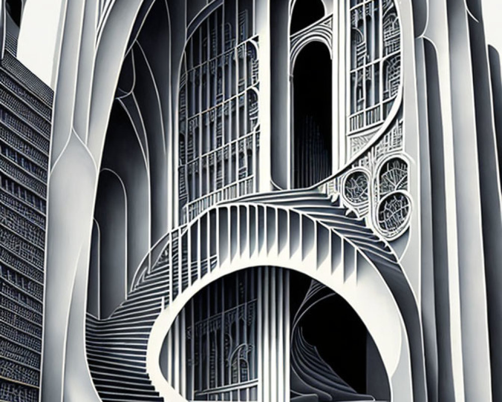 Monochromatic futuristic building with intricate architectural details