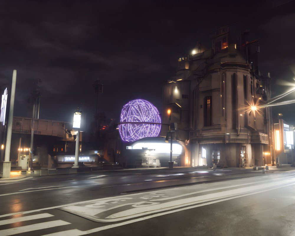 Deserted urban crossroad at night with glowing signs and neon light installation