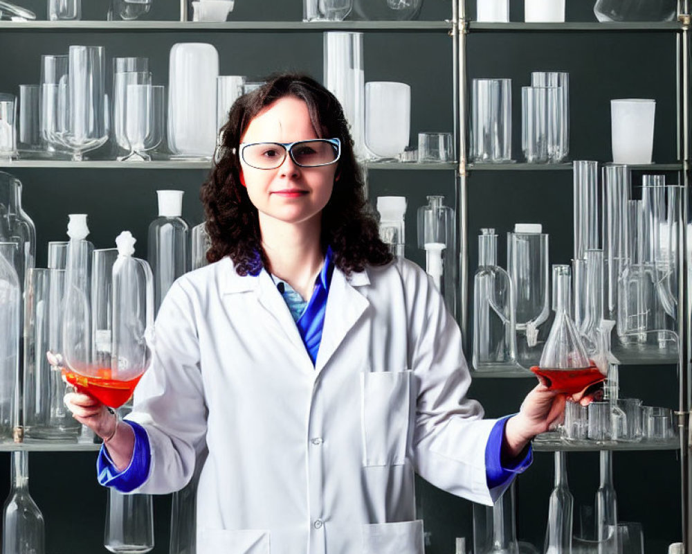 Female scientist in lab coat and safety glasses with flask in front of glassware shelf