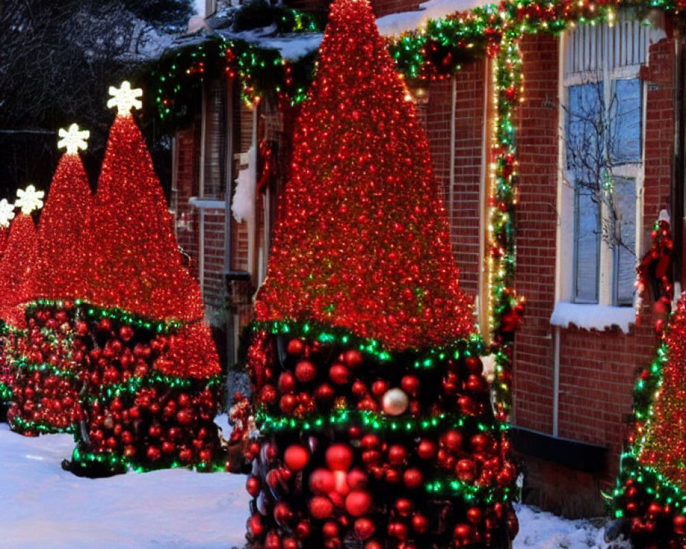 Snow-covered house with Christmas lights and decorated trees.