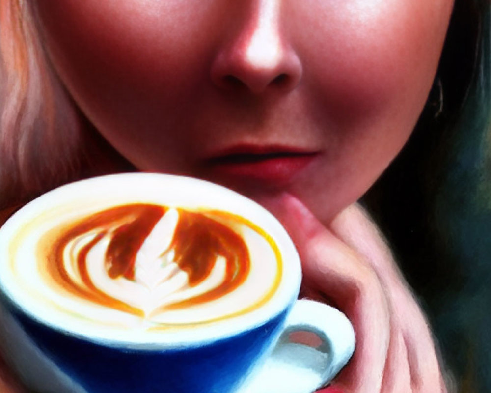 Person enjoying coffee with heart-shaped latte art close-up.