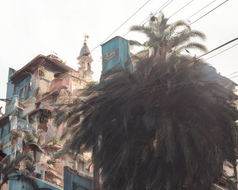 Palm tree and urban decay contrast in cityscape.