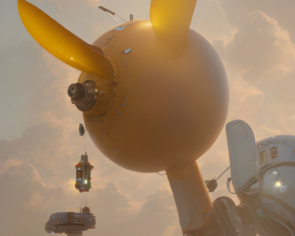 Large Spherical Robot with Yellow Ears Hovering in Misty Sky