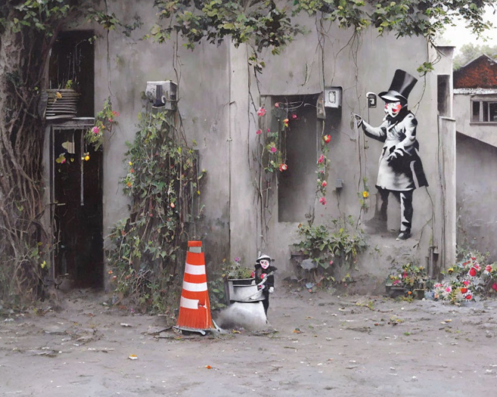 Urban mural of man in top hat painting wall with cone and flowers.