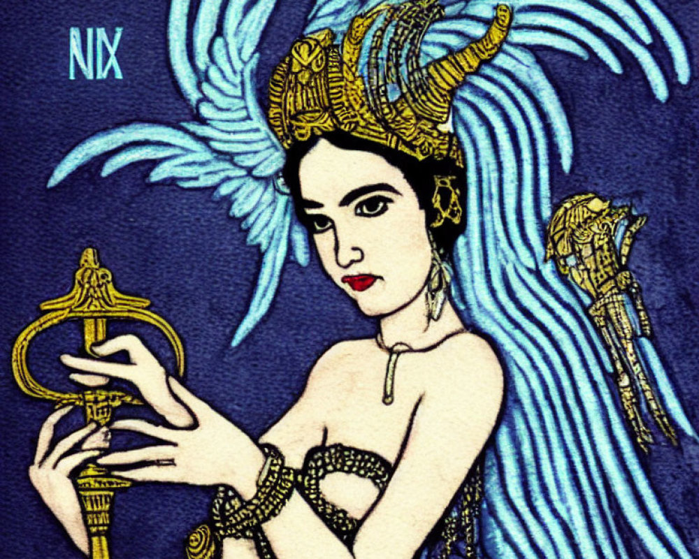 Illustrated woman with mythical headdress and scepter on blue background with "NIX" text