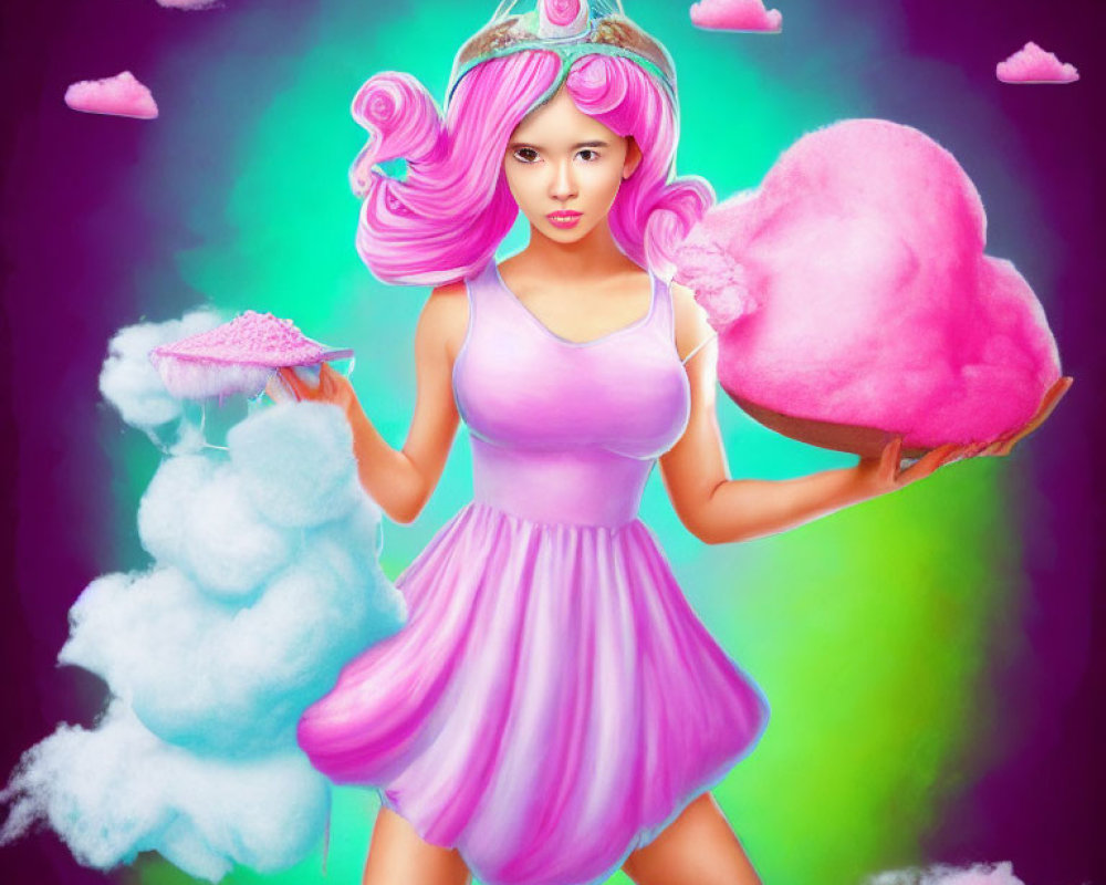 Colorful illustration of person with pink hair holding cotton candy cloud and dish, clock and clouds in background